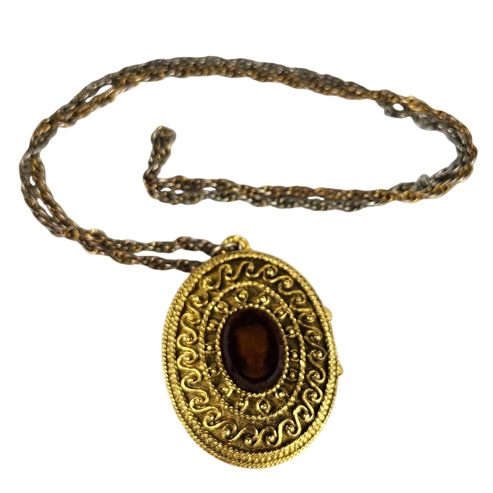VTG Corday Fame Golden Amulet Creme Perfume Locket Necklace GoldTone Cameo Empty
